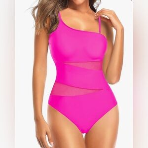 Tempt Me Women One Shoulder One Piece Full Coverage Cutout Mesh Swimsuit